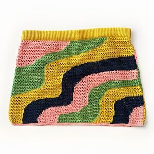 FREE PEOPLE Mila Crochet Mini Skirt XL Forsythia Combo Wavy Knit Boho Festival